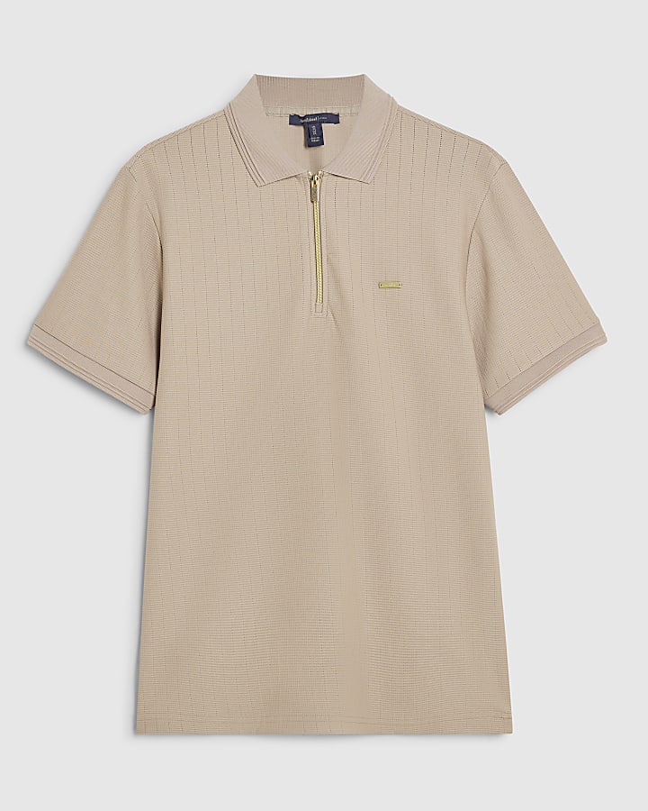 Beige Muscle Fit Cotton Textured Polo Shirt