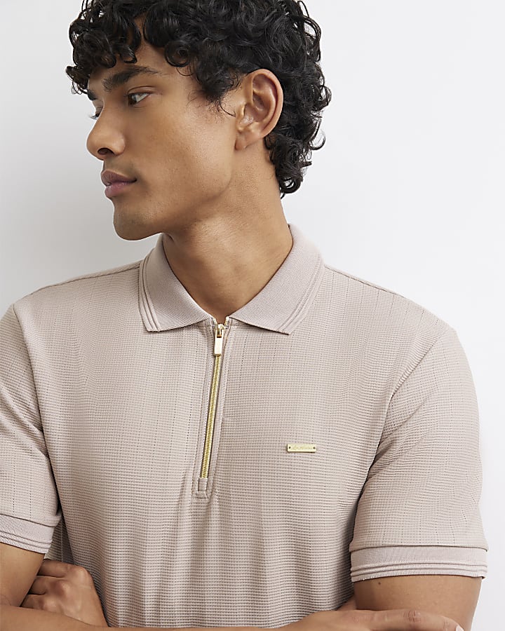 Beige Muscle Fit Cotton Textured Polo Shirt