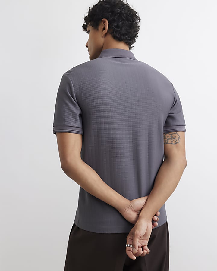 Grey Muscle Fit Textured Polo Shirt