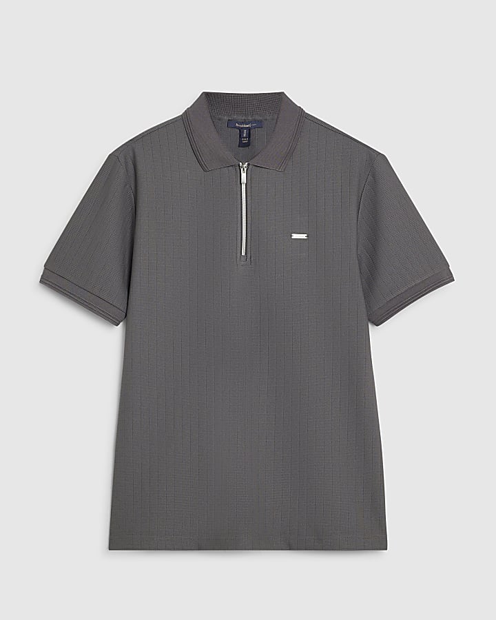 Grey Muscle Fit Textured Polo Shirt