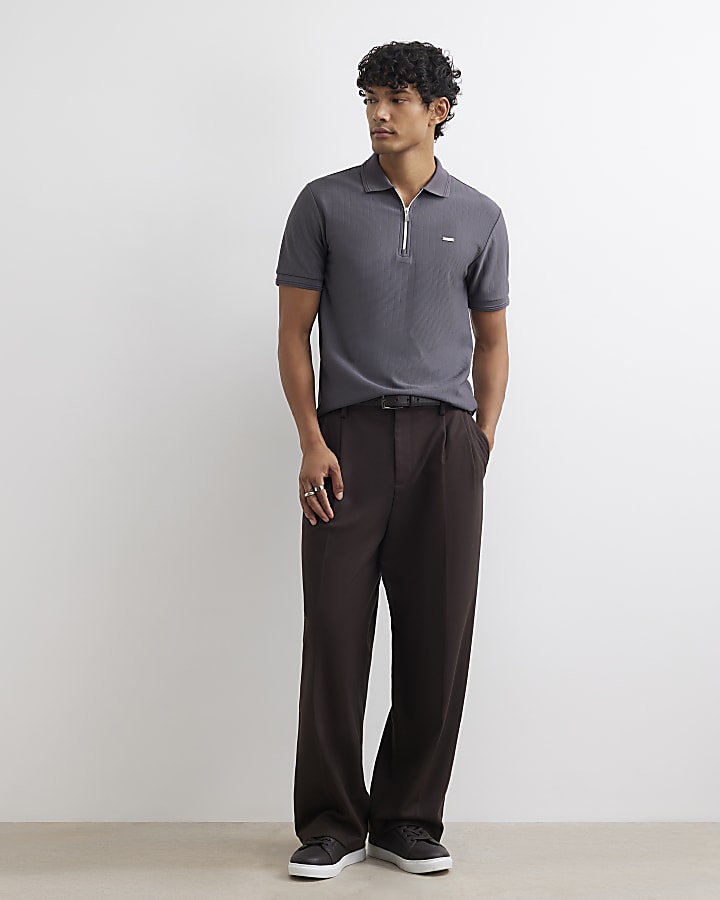 Grey Muscle Fit Textured Polo Shirt