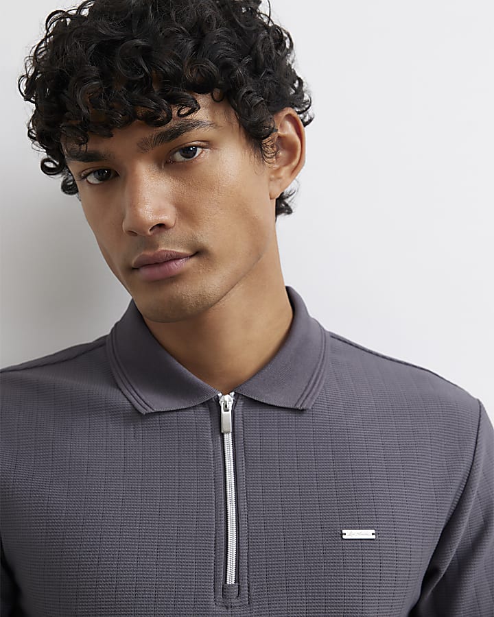 Grey Muscle Fit Textured Polo Shirt