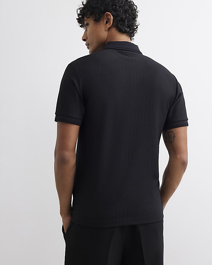 Black Muscle Fit Textured Polo Shirt