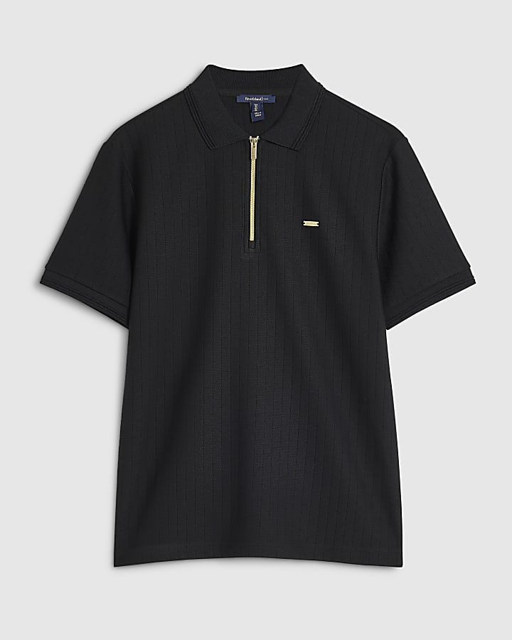 Black Muscle Fit Textured Polo Shirt