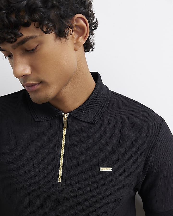 Black Muscle Fit Textured Polo Shirt