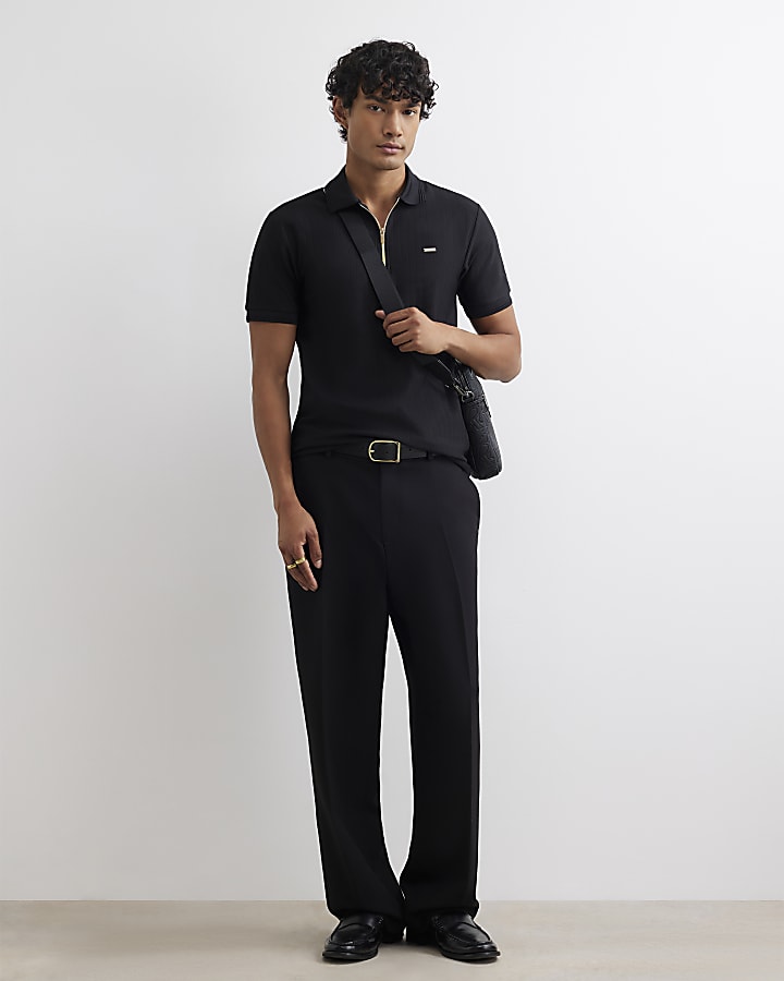 Black Muscle Fit Textured Polo Shirt