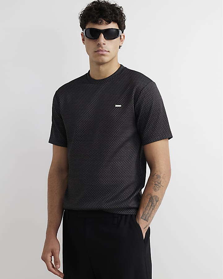 Grey Slim Fit Jacquard Triangle T-Shirt