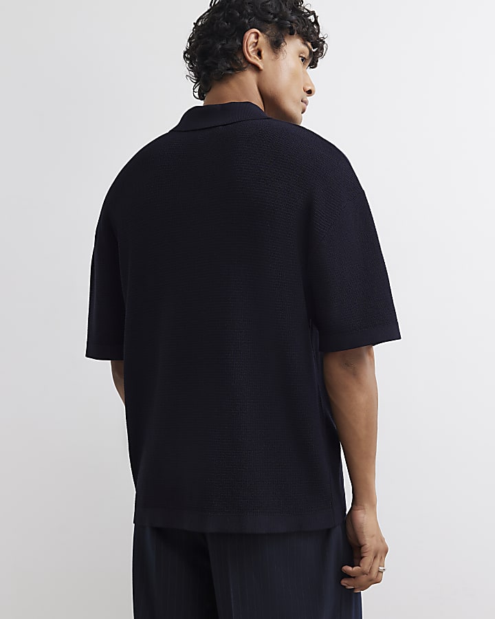 Navy Boxy Fit Embroidery Polo Shirt