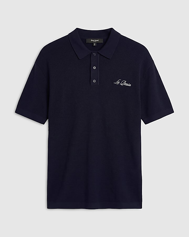 Navy Boxy Fit Embroidery Polo Shirt