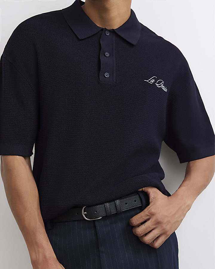 Navy Boxy Fit Embroidery Polo Shirt