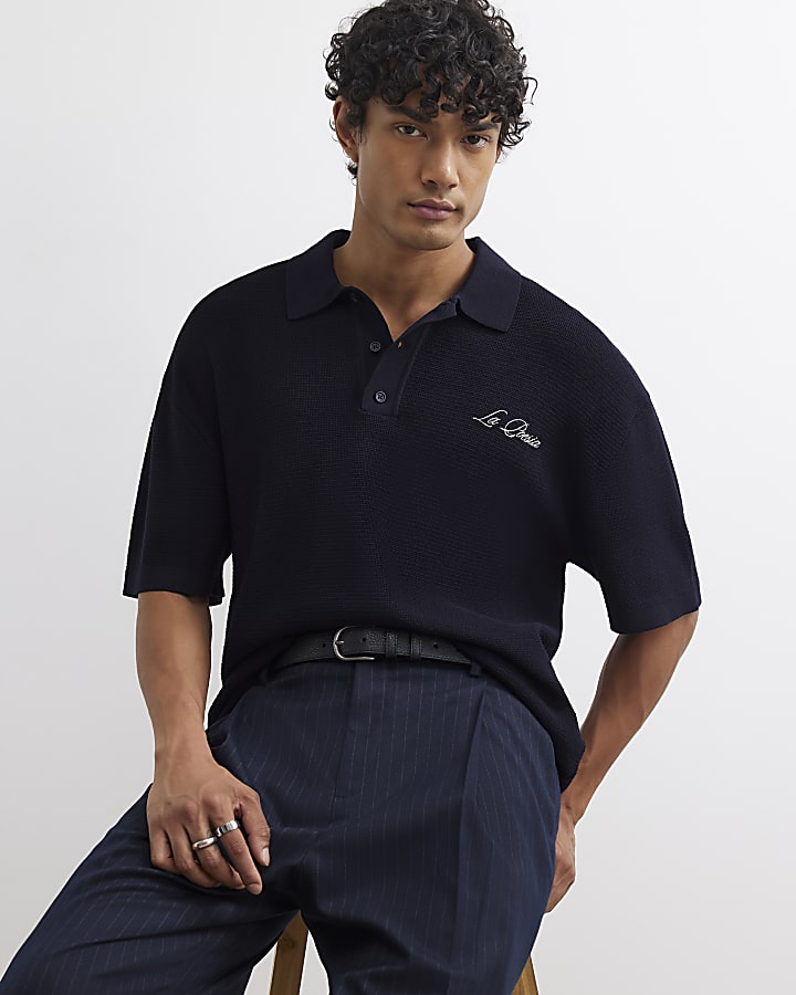 Navy Boxy Fit Embroidery Polo Shirt