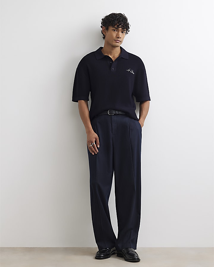 Navy Boxy Fit Embroidery Polo Shirt