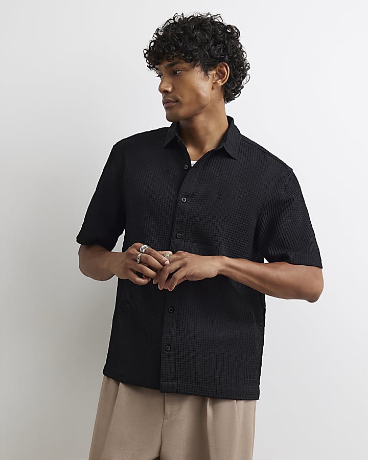 Black Regular Fit Waffle Shirt