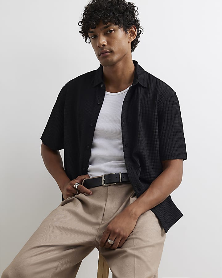 Black Regular Fit Waffle Shirt