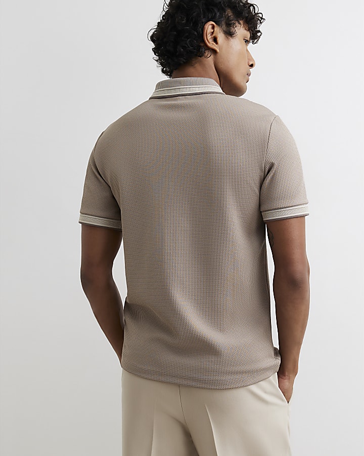 Beige Slim Fit Zip Neck Waffle Polo Shirt