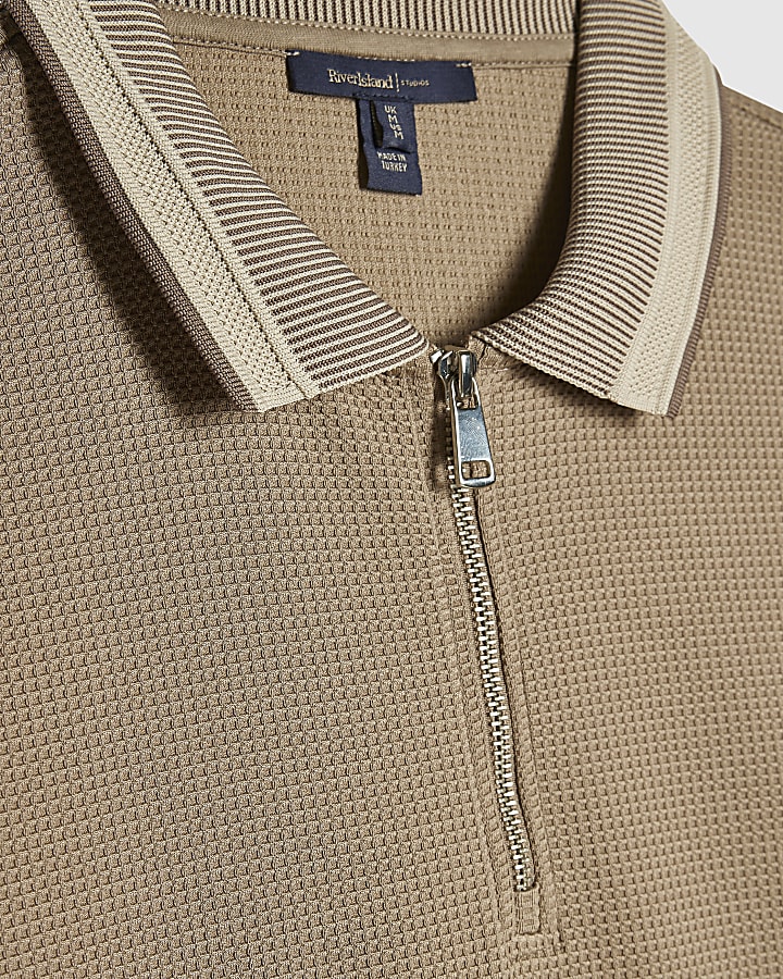 Beige Slim Fit Zip Neck Waffle Polo Shirt