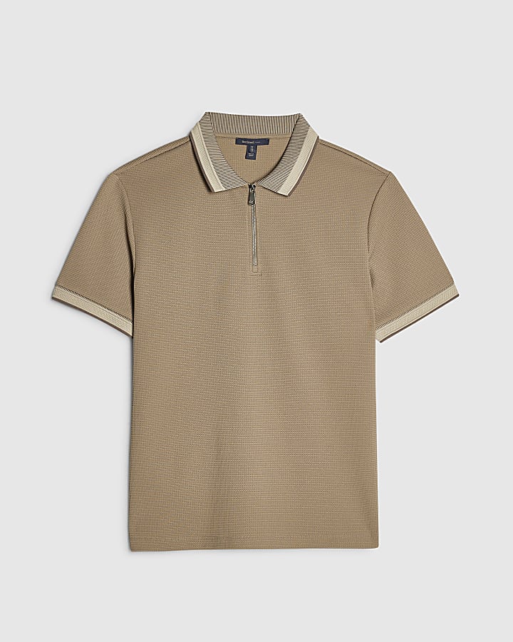 Beige Slim Fit Zip Neck Waffle Polo Shirt