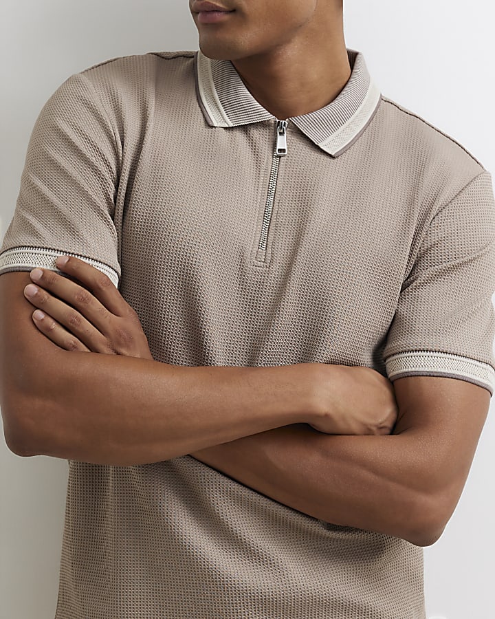 Beige Slim Fit Zip Neck Waffle Polo Shirt