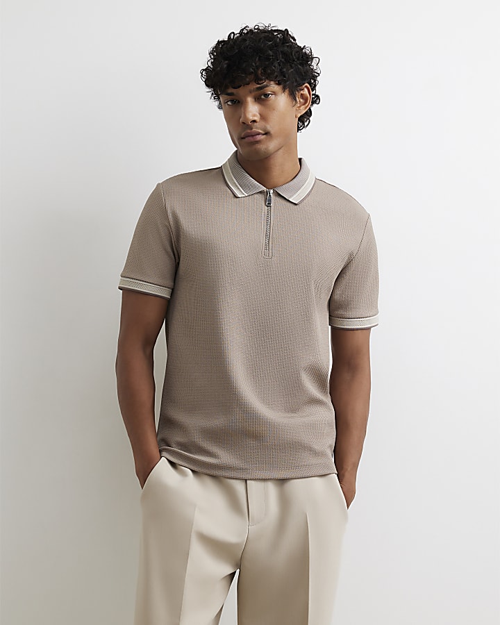 Beige Slim Fit Zip Neck Waffle Polo Shirt