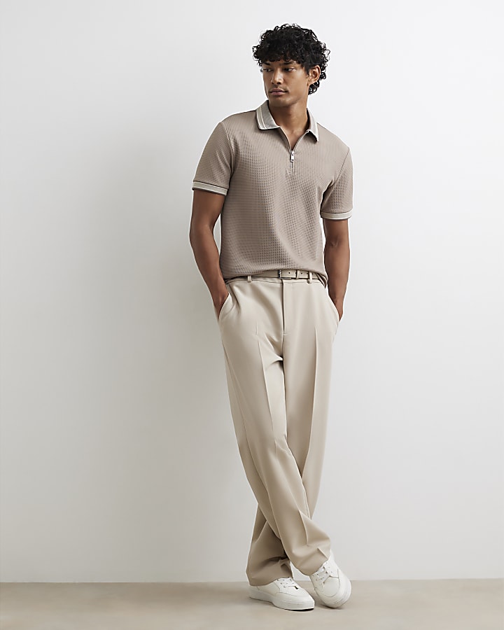 Beige Slim Fit Zip Neck Waffle Polo Shirt