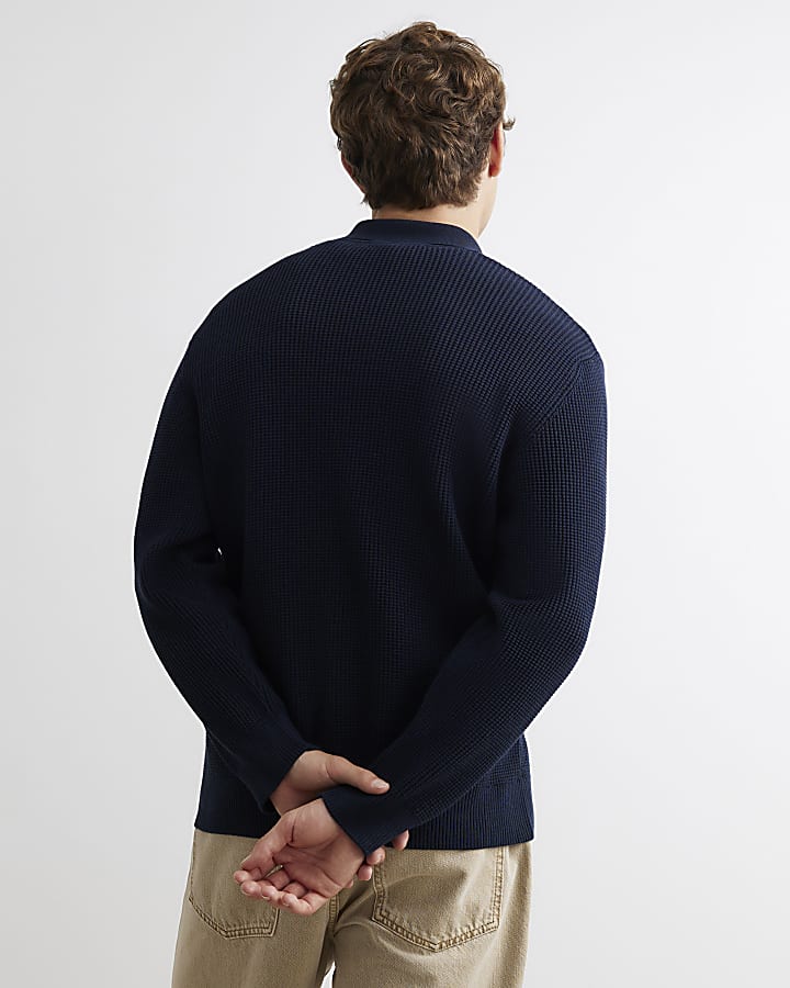 Navy Textured Knit Rugby Jumper