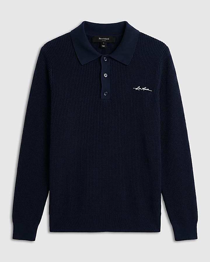 Navy Textured Knit Rugby Jumper