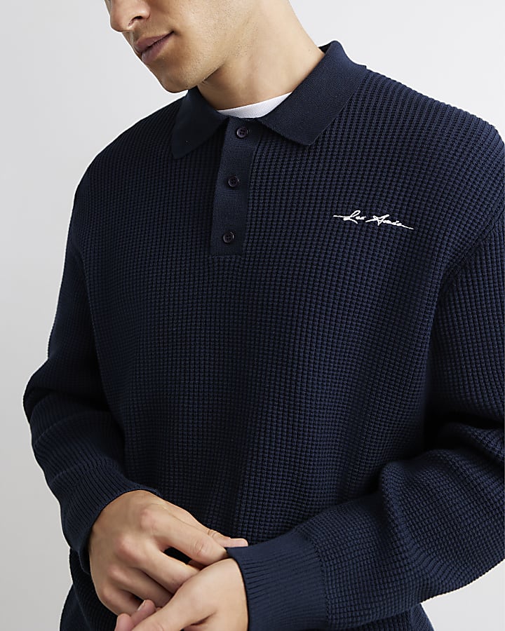 Navy Textured Knit Rugby Jumper