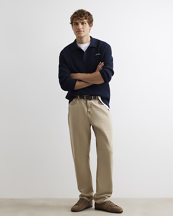 Navy Textured Knit Rugby Jumper