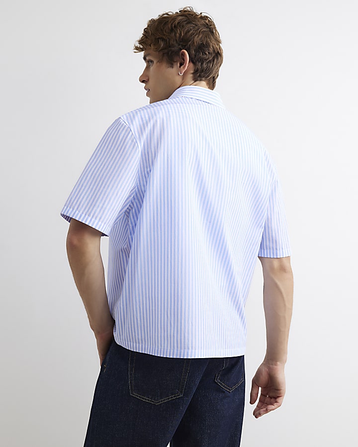 Blue Boxy Fit Striped Embroidered Shirt