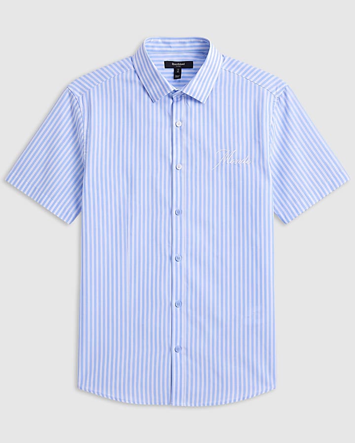 Blue Boxy Fit Striped Embroidered Shirt