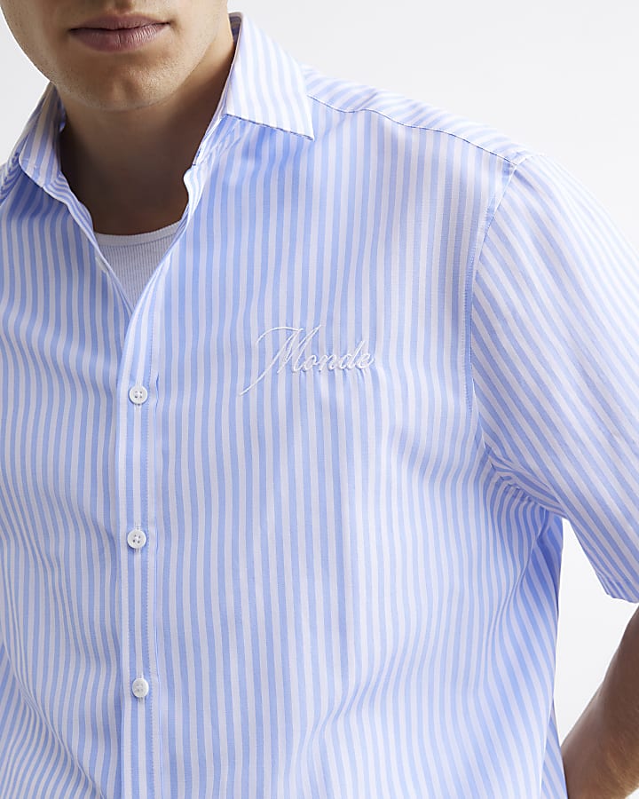 Blue Boxy Fit Striped Embroidered Shirt