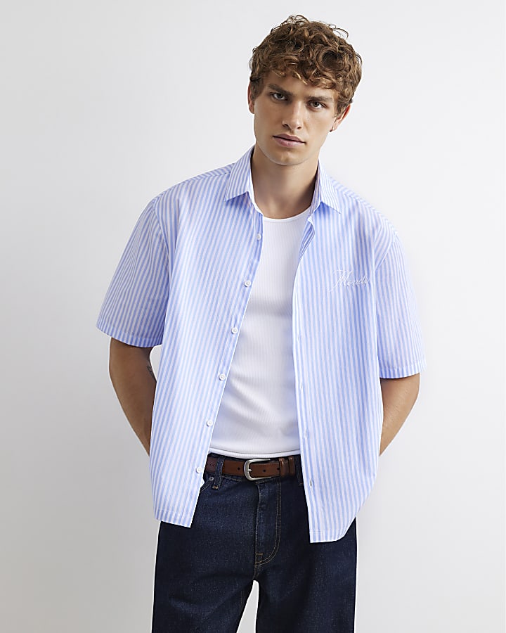 Blue Boxy Fit Striped Embroidered Shirt