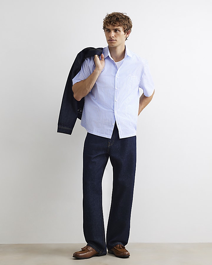 Blue Boxy Fit Striped Embroidered Shirt