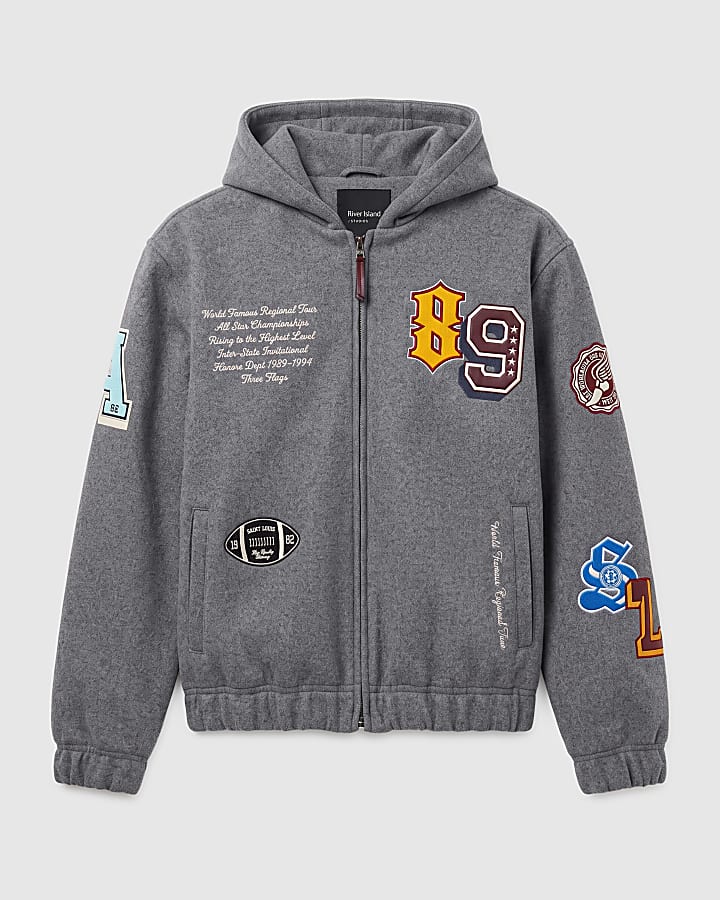 Grey Hooded Multi Badged Varsity Jacket