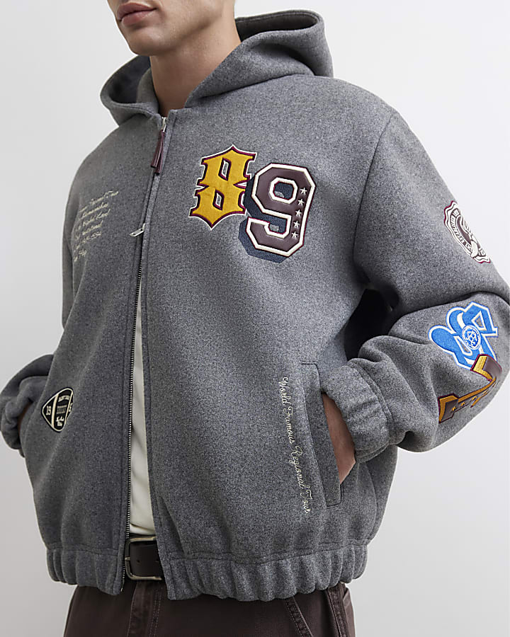 Grey Hooded Multi Badged Varsity Jacket