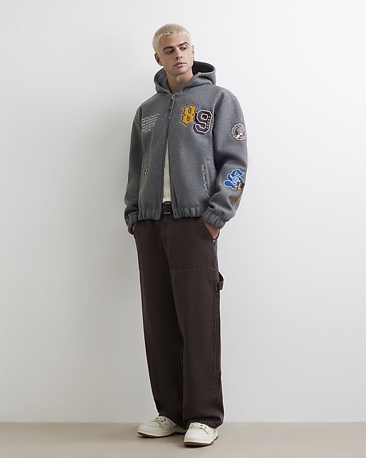 Grey Hooded Multi Badged Varsity Jacket