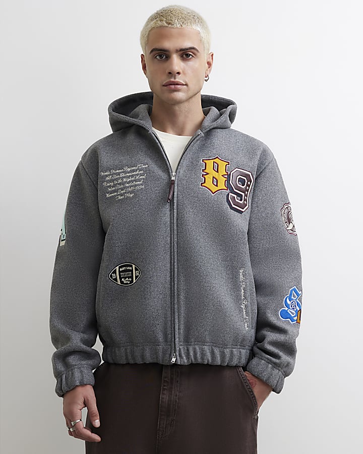 Grey Hooded Multi Badged Varsity Jacket