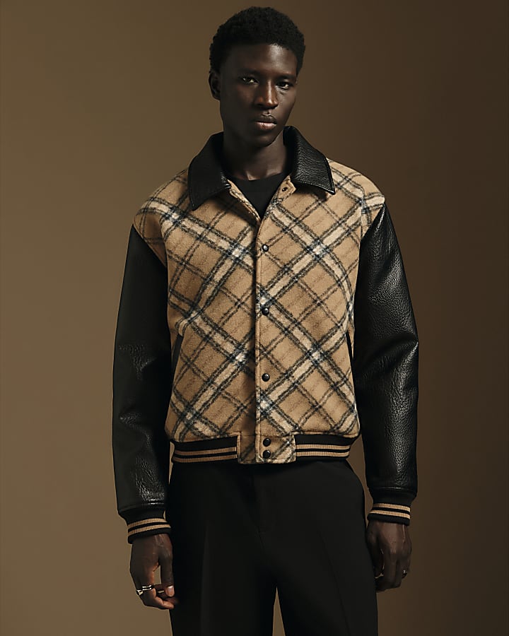 Beige Check Faux Leather Varsity Jacket