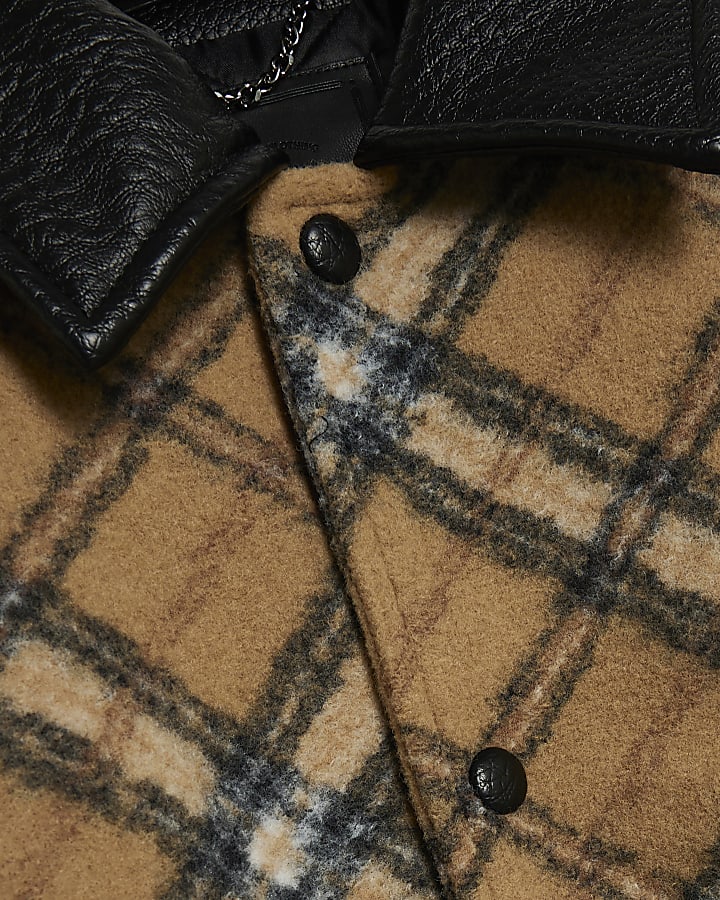 Beige Check Faux Leather Varsity Jacket