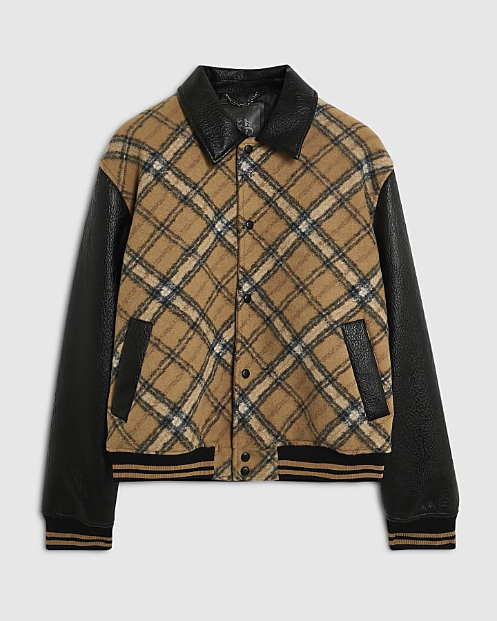 Beige Check Faux Leather Varsity Jacket