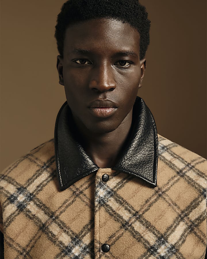 Beige Check Faux Leather Varsity Jacket
