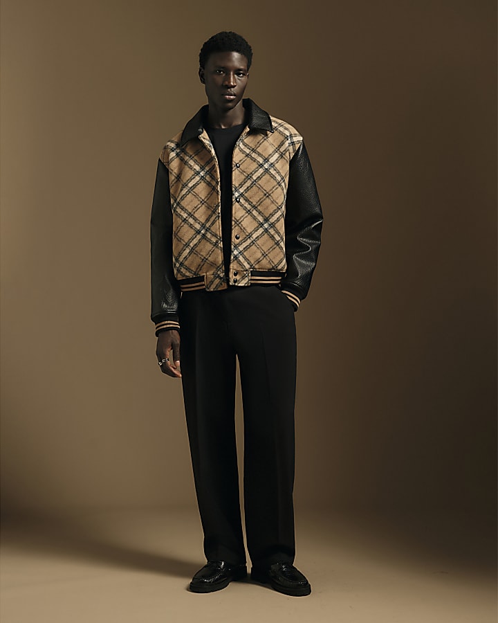 Beige Check Faux Leather Varsity Jacket