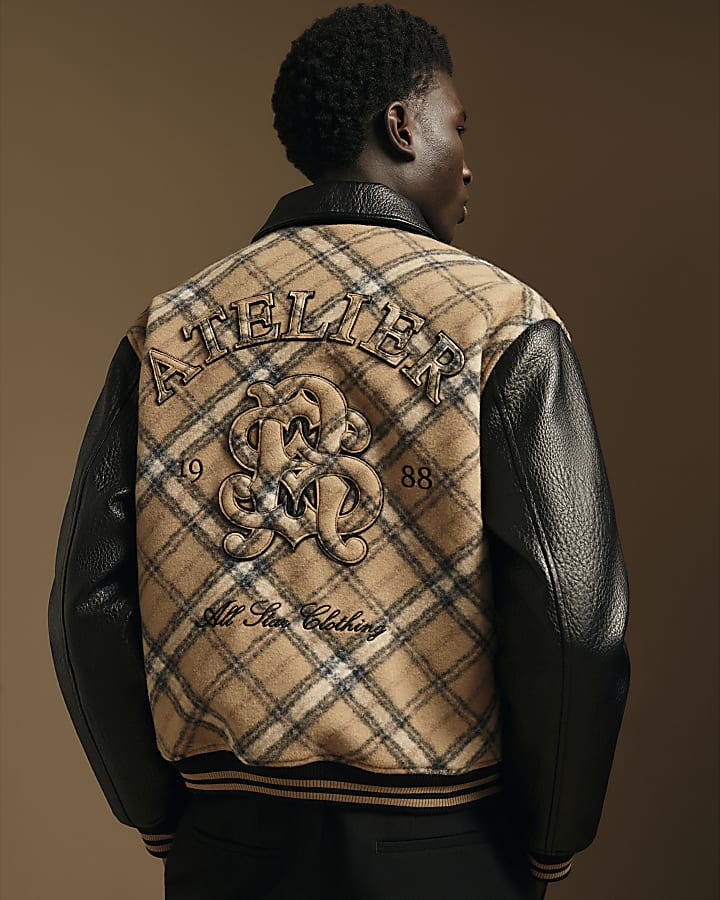 Beige Check Faux Leather Varsity Jacket