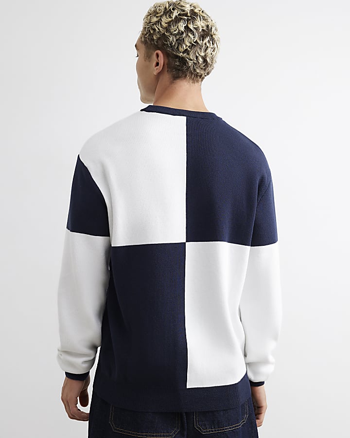 Navy Regular Fit Cotton Check Detroit Jumper