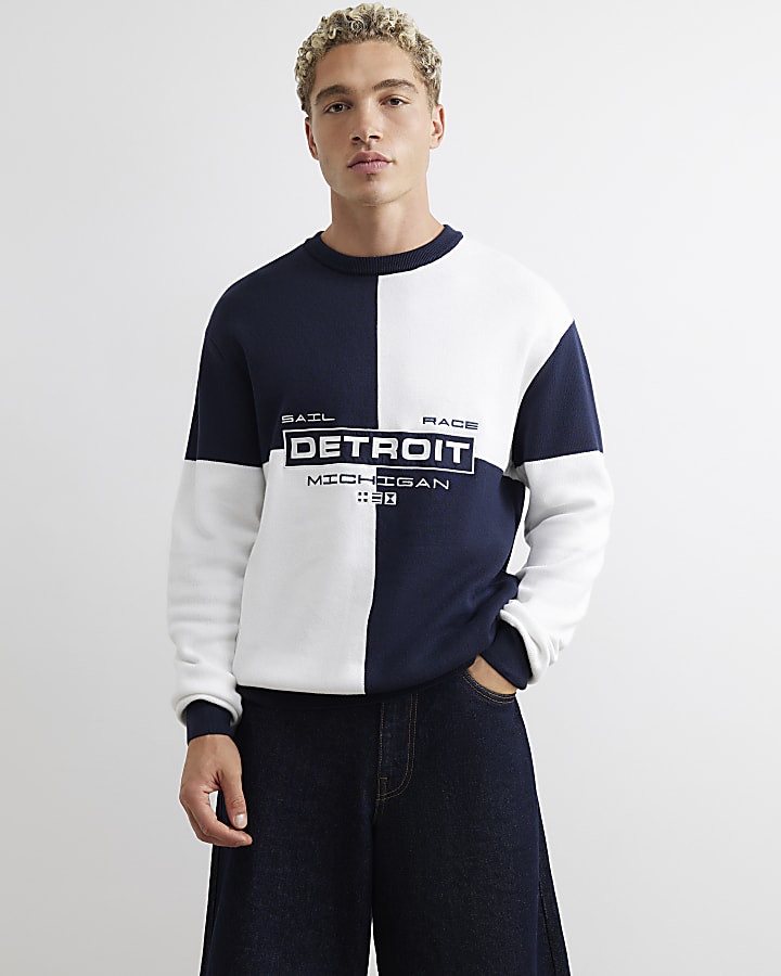 Navy Regular Fit Cotton Check Detroit Jumper