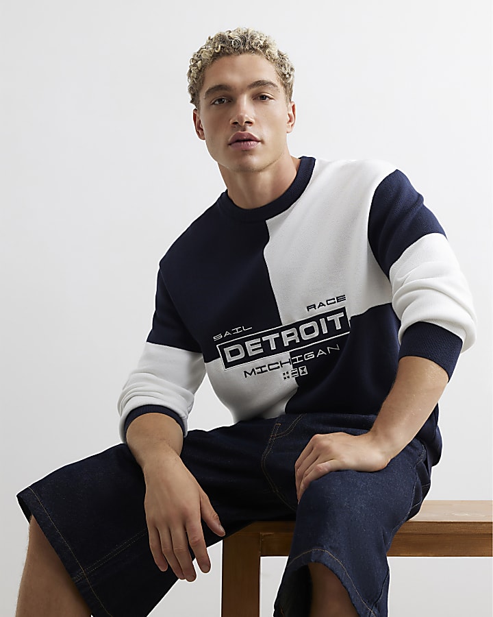 Navy Regular Fit Cotton Check Detroit Jumper