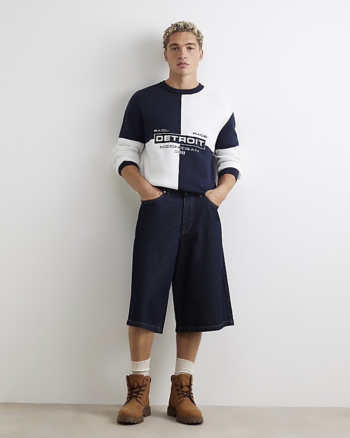 Navy Regular Fit Cotton Check Detroit Jumper