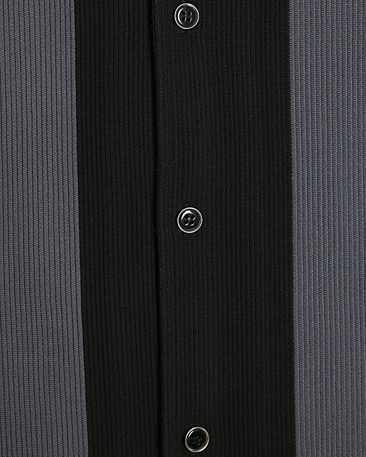 Grey Regular Fit Textured Stripe Revere Shirt