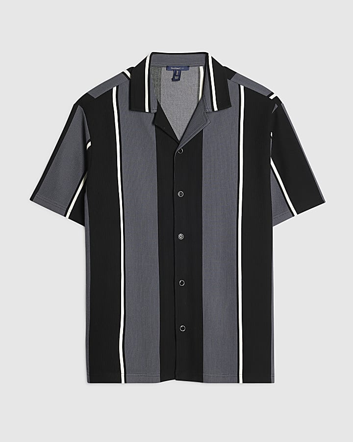 Grey Regular Fit Textured Stripe Revere Shirt
