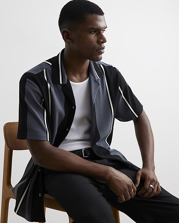 Grey Regular Fit Textured Stripe Revere Shirt